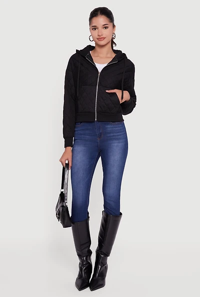 Womens Quilted Zip Front Hoodie, Black, Size S