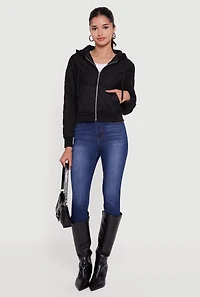Womens Quilted Zip Front Hoodie, Black, Size S