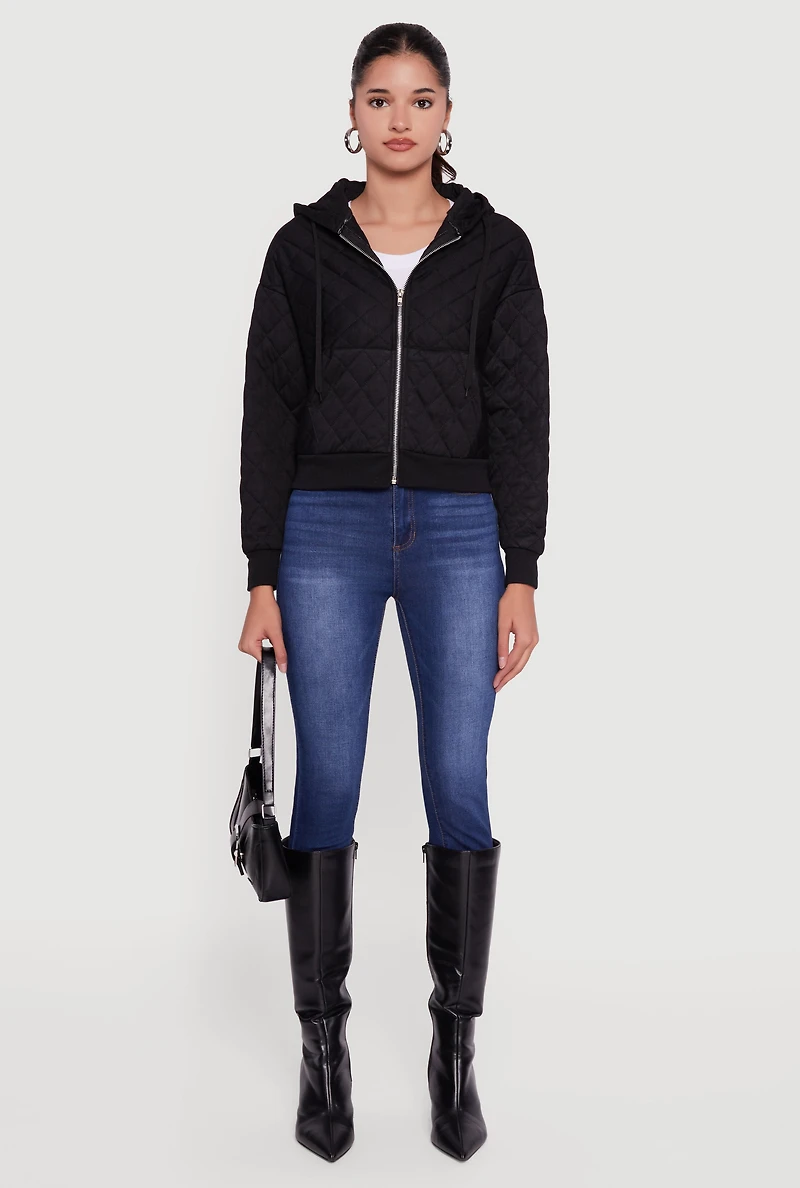 Womens Quilted Zip Front Hoodie, Black, Size S