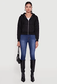 Womens Quilted Zip Front Hoodie, Black, Size S