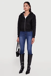 Womens Quilted Zip Front Hoodie, Black, Size S