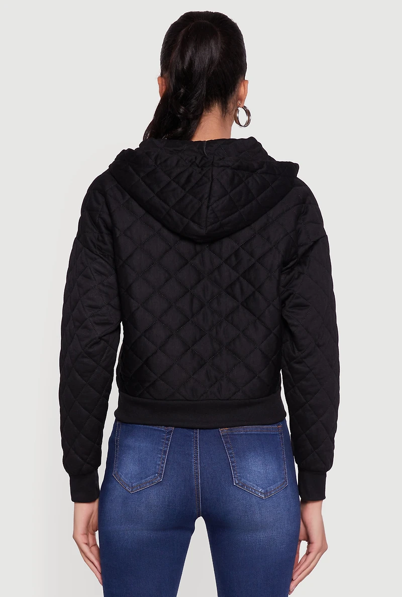 Womens Quilted Zip Front Hoodie, Black, Size S