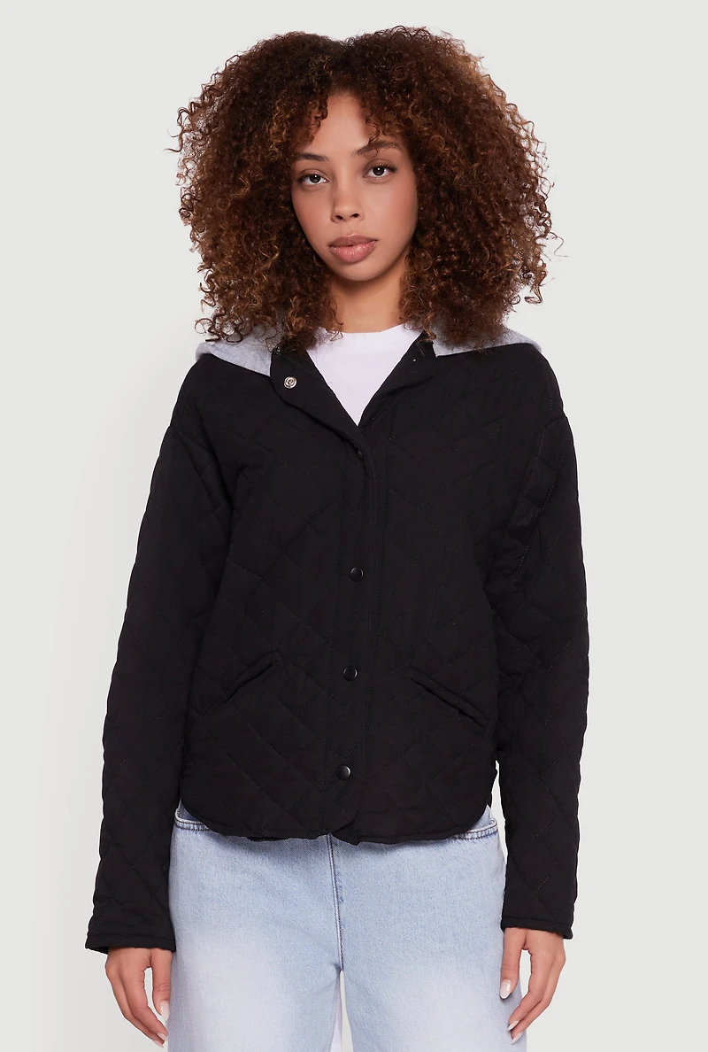 Womens Hooded Long Sleeve Snap Button Quilted Jacket, Black, Size XL