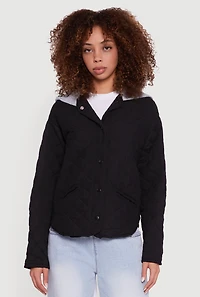 Womens Hooded Long Sleeve Snap Button Quilted Jacket, Black, Size XL