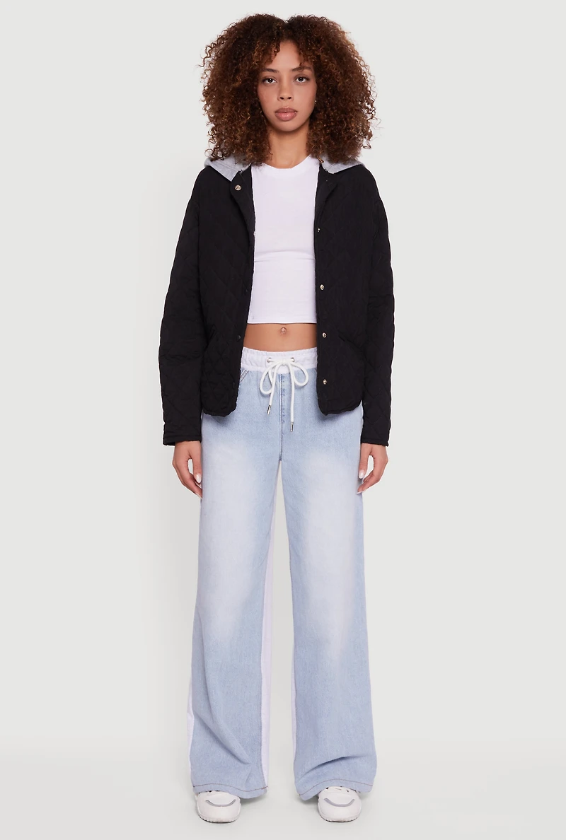 Womens Hooded Long Sleeve Snap Button Quilted Jacket, Black, Size S