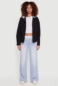 Womens Hooded Long Sleeve Snap Button Quilted Jacket, Black, Size S