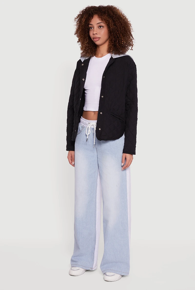 Womens Hooded Long Sleeve Snap Button Quilted Jacket, Black, Size XL