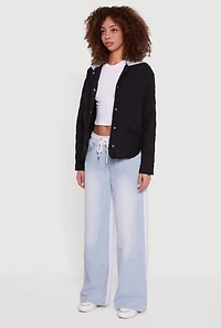 Womens Hooded Long Sleeve Snap Button Quilted Jacket, Black, Size S