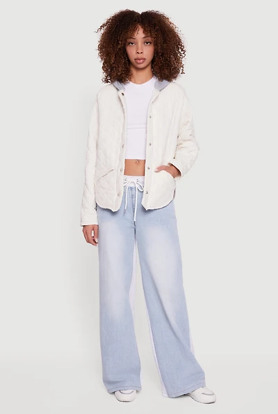 Hooded Long Sleeve Snap Button Quilted Jacket