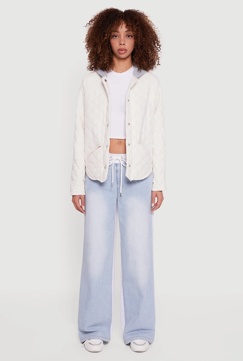 Hooded Long Sleeve Snap Button Quilted Jacket