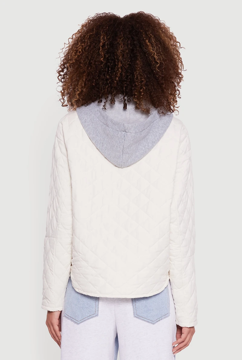 Hooded Long Sleeve Snap Button Quilted Jacket