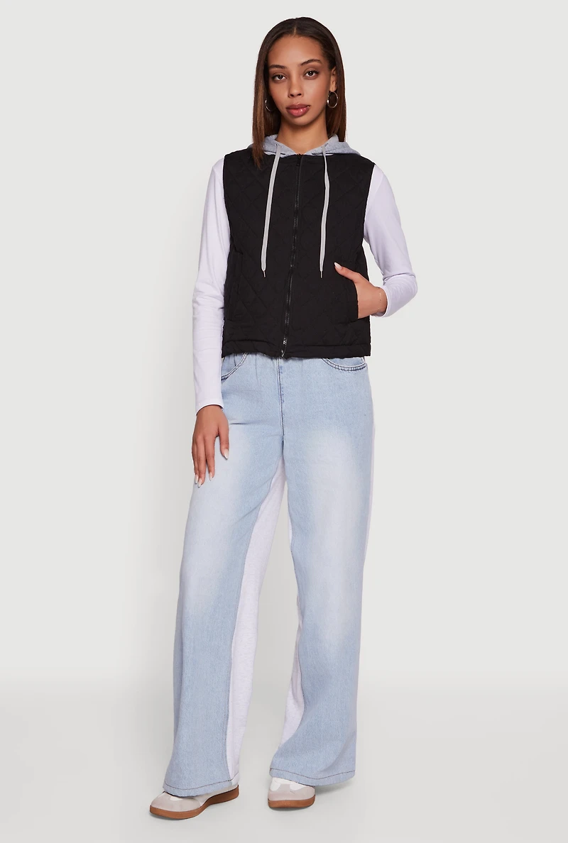 Womens Fleece Hooded Zip Front Quilted Vest, M