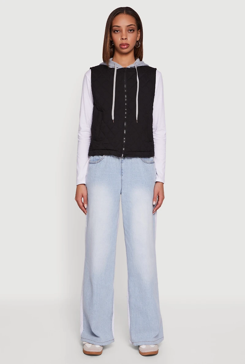 Womens Fleece Hooded Zip Front Quilted Vest, M