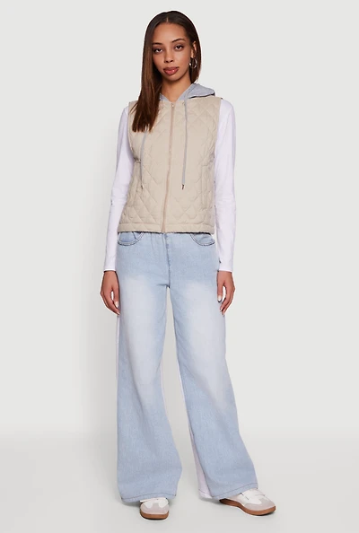 Fleece Hooded Zip Front Quilted Vest