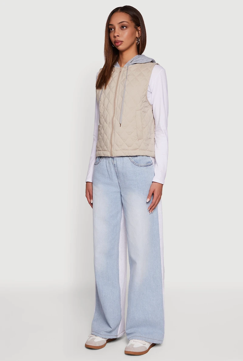 Fleece Hooded Zip Front Quilted Vest