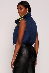 Womens Nylon Contrast Puffer Cropped Vest, Blue, Size L