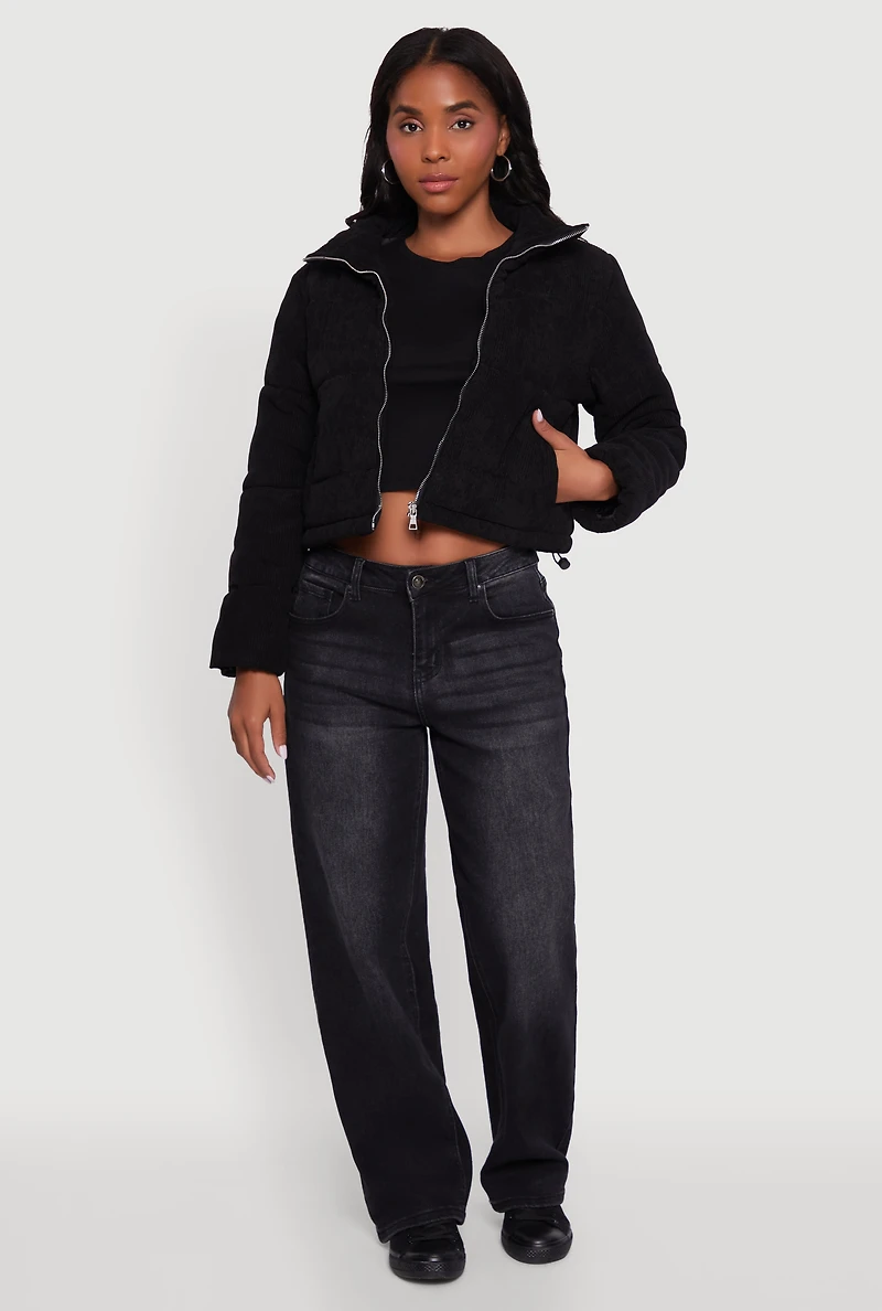 Womens Mock Neck Zip Front Corduroy Puffer Jacket, M