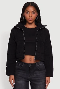 Womens Mock Neck Zip Front Corduroy Puffer Jacket, M