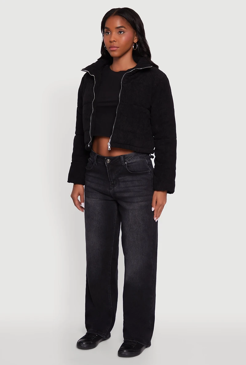 Womens Mock Neck Zip Front Corduroy Puffer Jacket, M