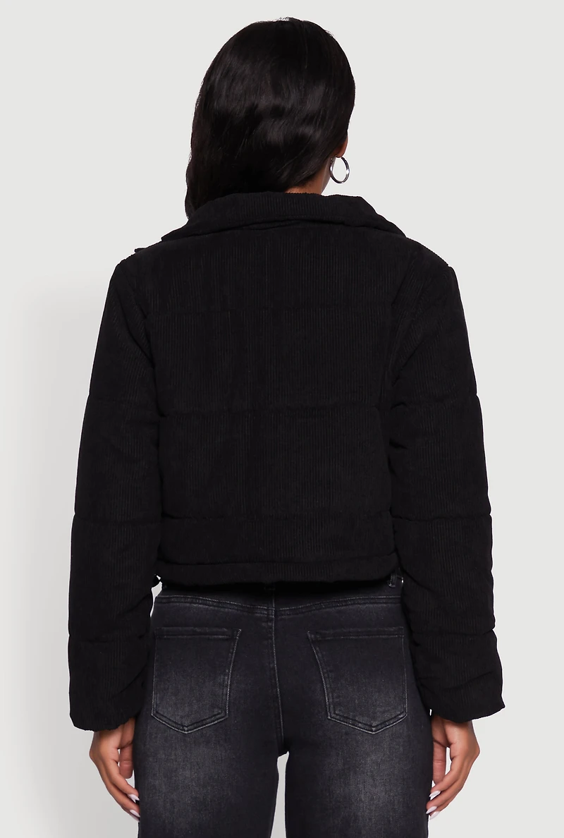 Womens Mock Neck Zip Front Corduroy Puffer Jacket, M