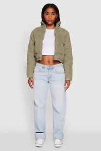 Womens Mock Neck Zip Front Corduroy Puffer Jacket, M