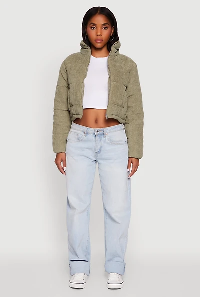 Mock Neck Zip Front Corduroy Puffer Jacket