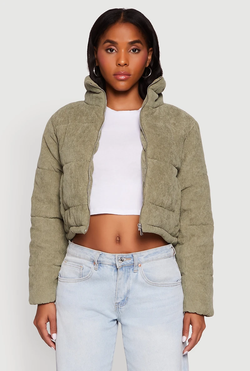 Womens Mock Neck Zip Front Corduroy Puffer Jacket, M