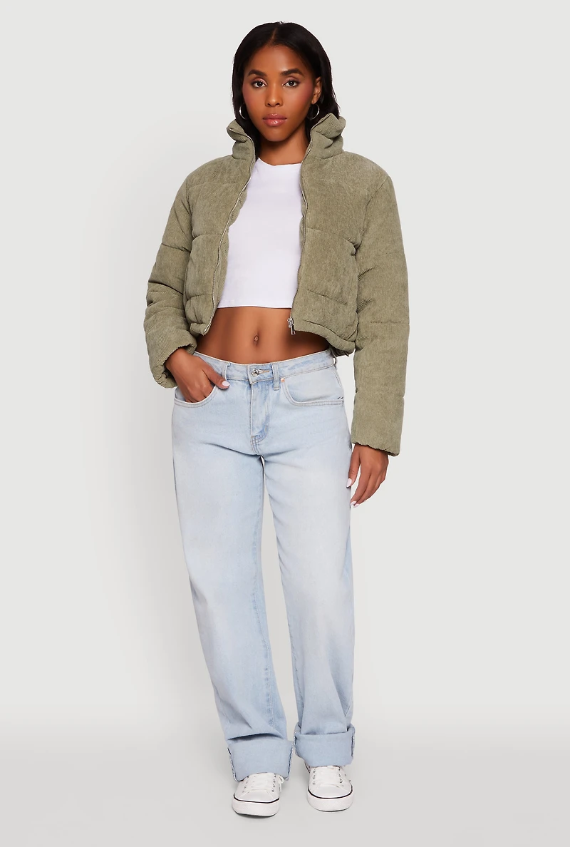 Womens Mock Neck Zip Front Corduroy Puffer Jacket, M