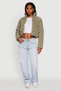Womens Mock Neck Zip Front Corduroy Puffer Jacket, M