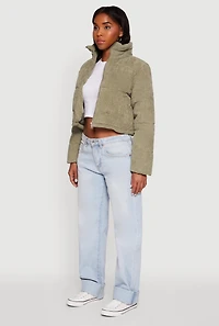 Womens Mock Neck Zip Front Corduroy Puffer Jacket, M