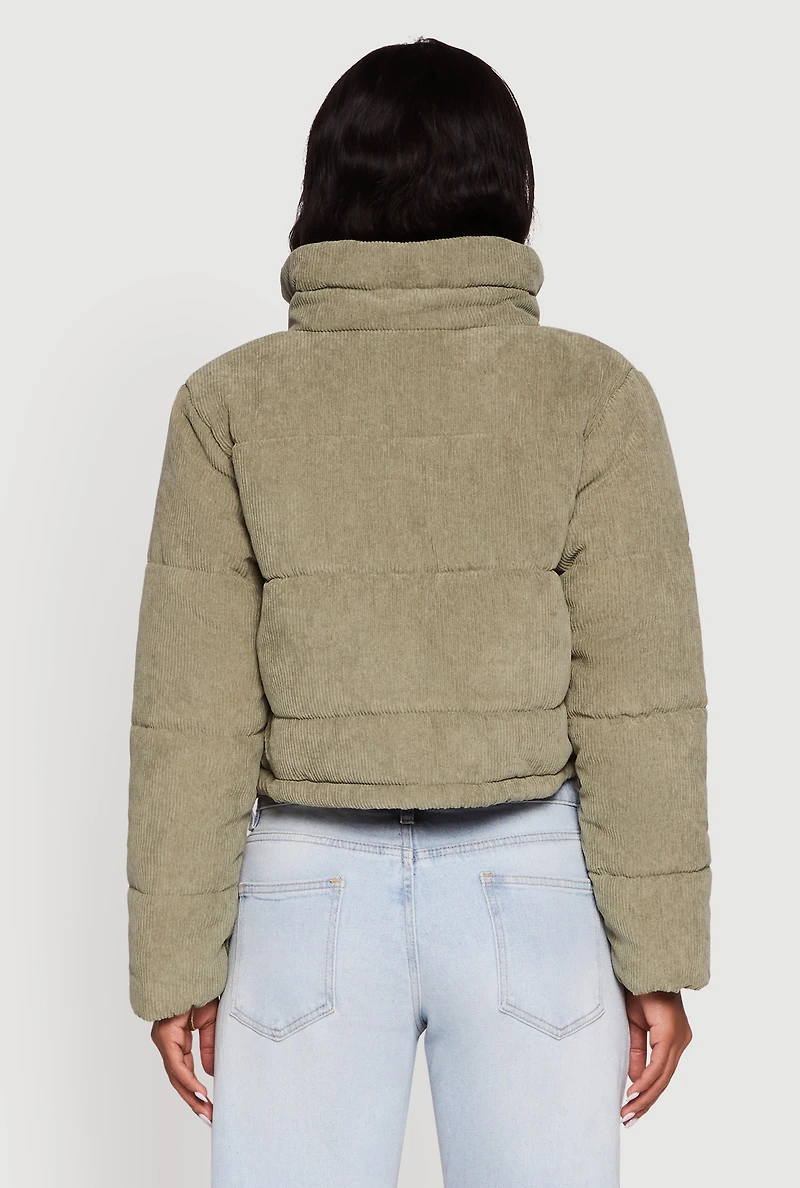 Womens Mock Neck Zip Front Corduroy Puffer Jacket, M