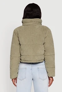 Womens Mock Neck Zip Front Corduroy Puffer Jacket, M