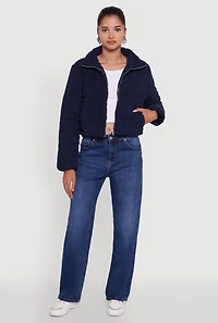 Mock Neck Zip Front Corduroy Puffer Jacket