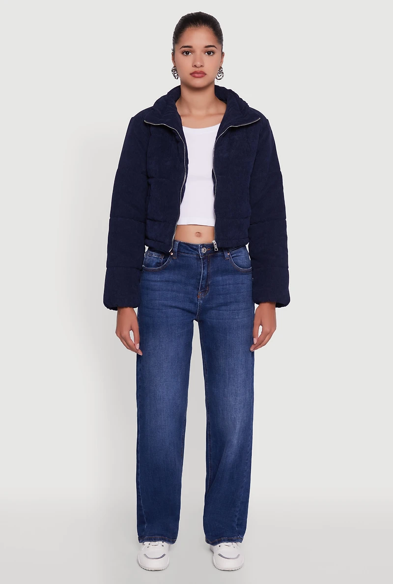 Mock Neck Zip Front Corduroy Puffer Jacket