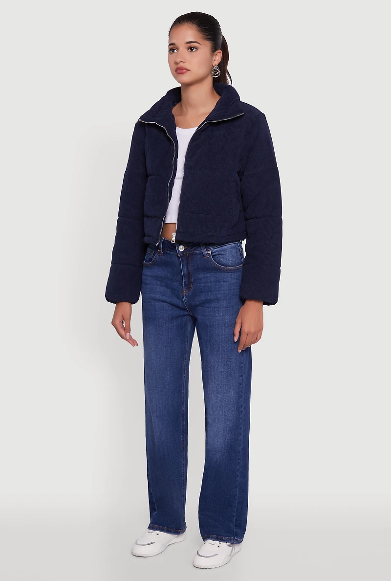 Mock Neck Zip Front Corduroy Puffer Jacket