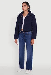 Mock Neck Zip Front Corduroy Puffer Jacket