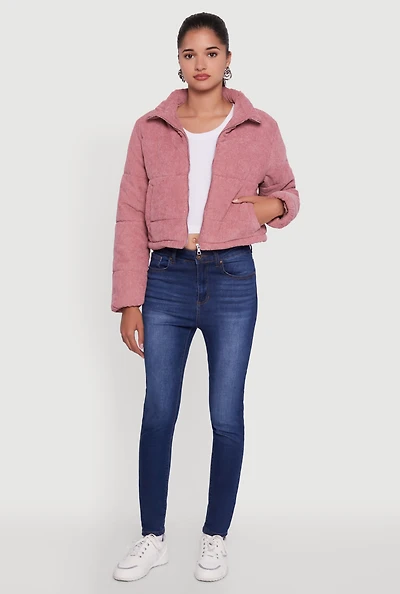 Womens Mock Neck Zip Front Corduroy Puffer Jacket, Pink, Size M