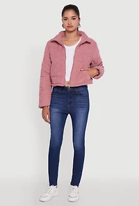 Womens Mock Neck Zip Front Corduroy Puffer Jacket, Pink,