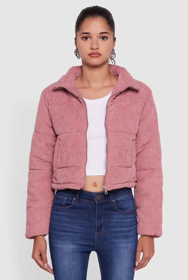 Womens Mock Neck Zip Front Corduroy Puffer Jacket, Pink, Size L