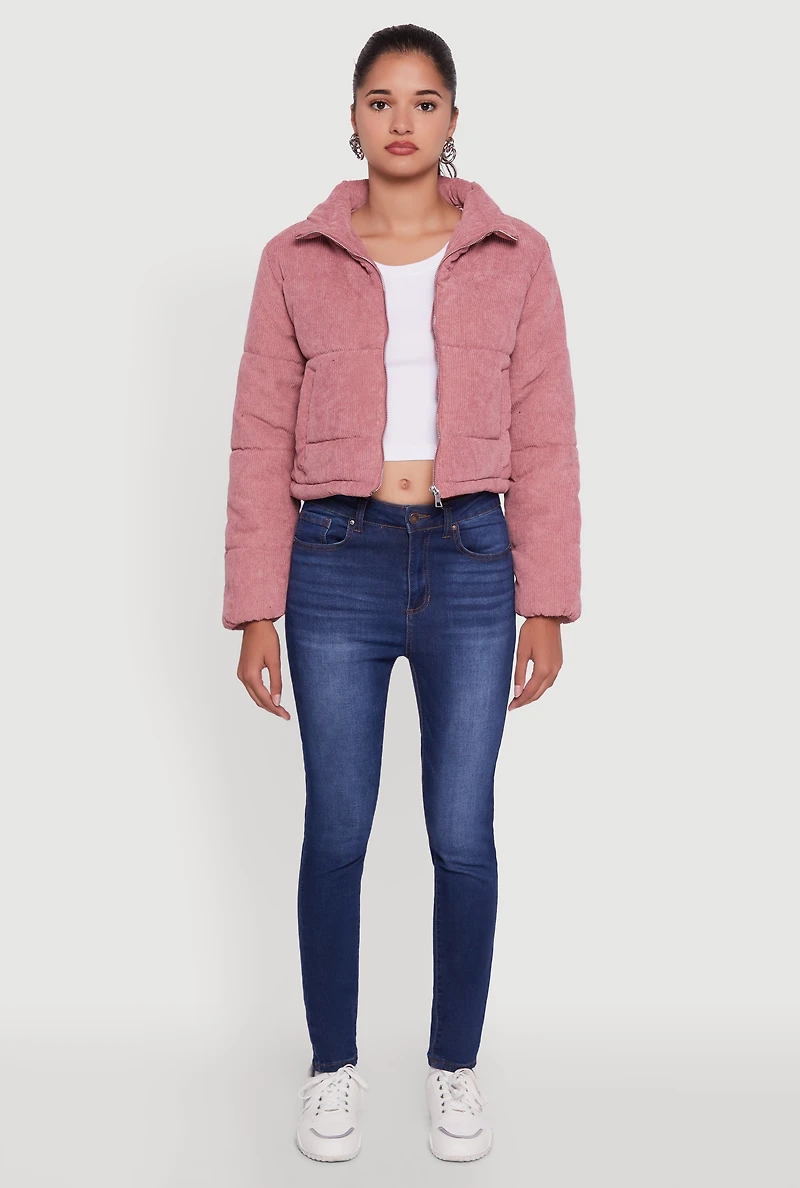 Womens Mock Neck Zip Front Corduroy Puffer Jacket, Pink, Size L