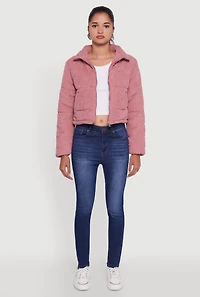 Womens Mock Neck Zip Front Corduroy Puffer Jacket, Pink,