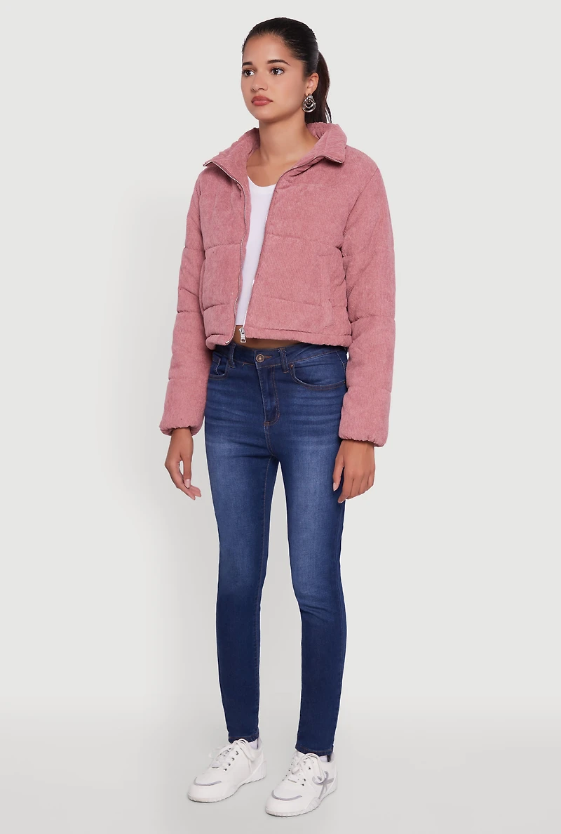 Womens Mock Neck Zip Front Corduroy Puffer Jacket, Pink, Size L