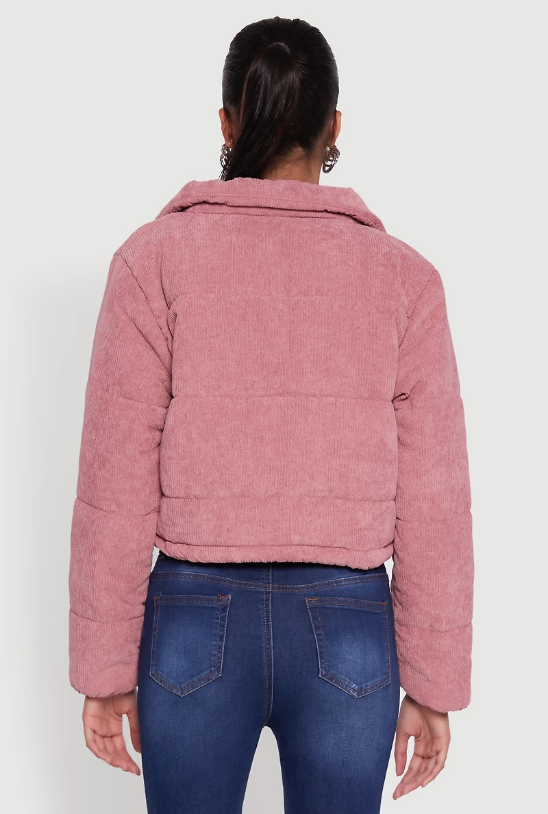 Womens Mock Neck Zip Front Corduroy Puffer Jacket, Pink, Size L