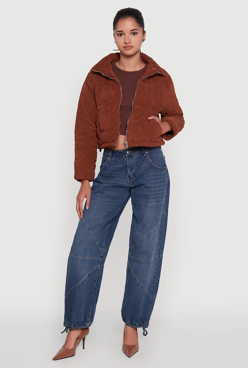 Womens Mock Neck Zip Front Corduroy Puffer Jacket,