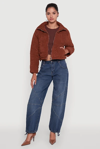 Womens Mock Neck Zip Front Corduroy Puffer Jacket,