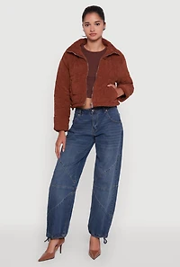 Womens Mock Neck Zip Front Corduroy Puffer Jacket,