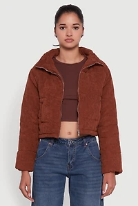 Mock Neck Zip Front Corduroy Puffer Jacket