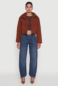 Womens Mock Neck Zip Front Corduroy Puffer Jacket, Brown, Size M