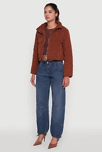 Womens Mock Neck Zip Front Corduroy Puffer Jacket, Brown, Size M