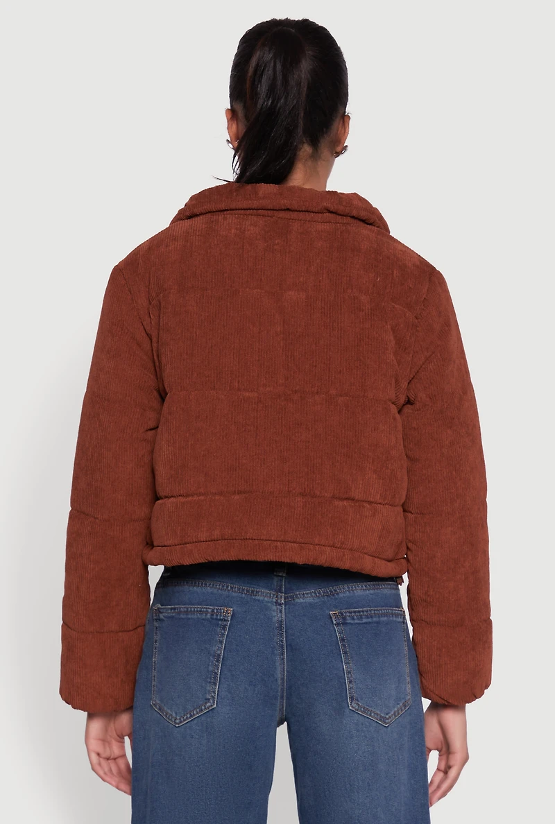 Womens Mock Neck Zip Front Corduroy Puffer Jacket, Brown, Size M